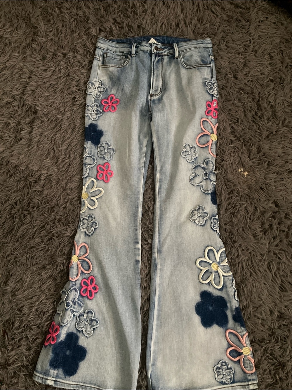 Light Wash Floral Embroidered Flare Jeans - Women